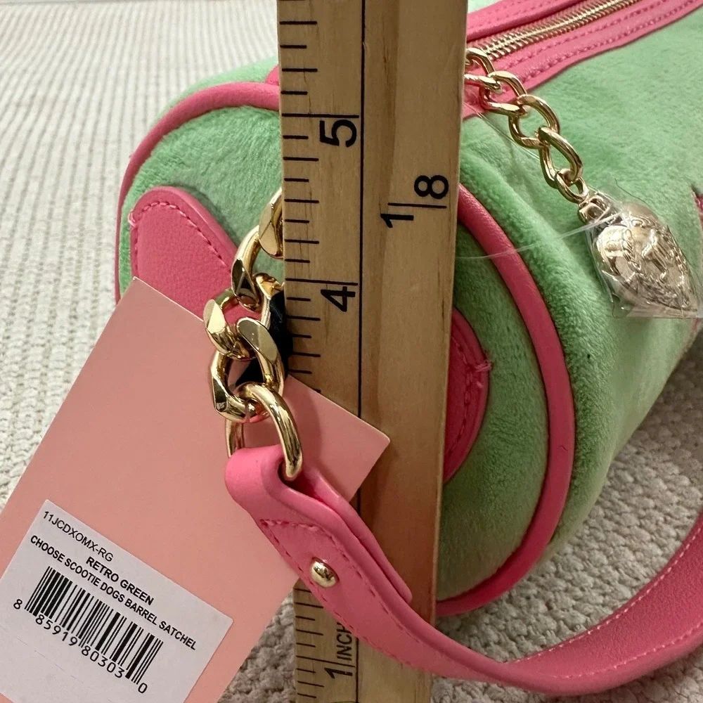Juicy Couture Retro Green Pink Velour Scottie Dogs Barrel Satchel Bag NWT